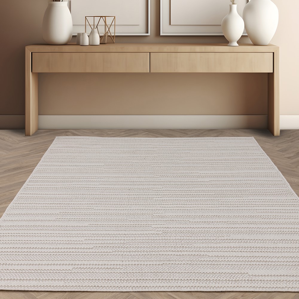 Camber Stripe Modern Textured Rugs in Ivory White